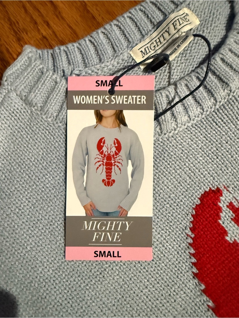 Light Blue Women’s Crewneck Sweater with Red Lobster Motif - Picture 3 of 4